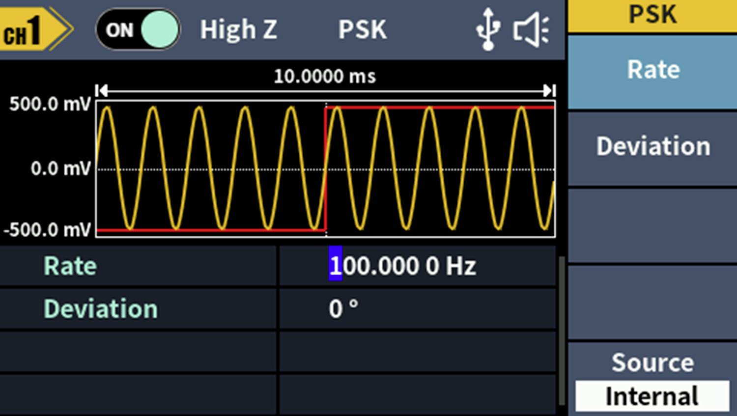 Oscilloscoopweergave: Gele sinusgolf met 10,0000 ms periode, 500 mV amplitude. Instellingen: Frequentie 100 Hz, Afwijking 0°, Bron intern.