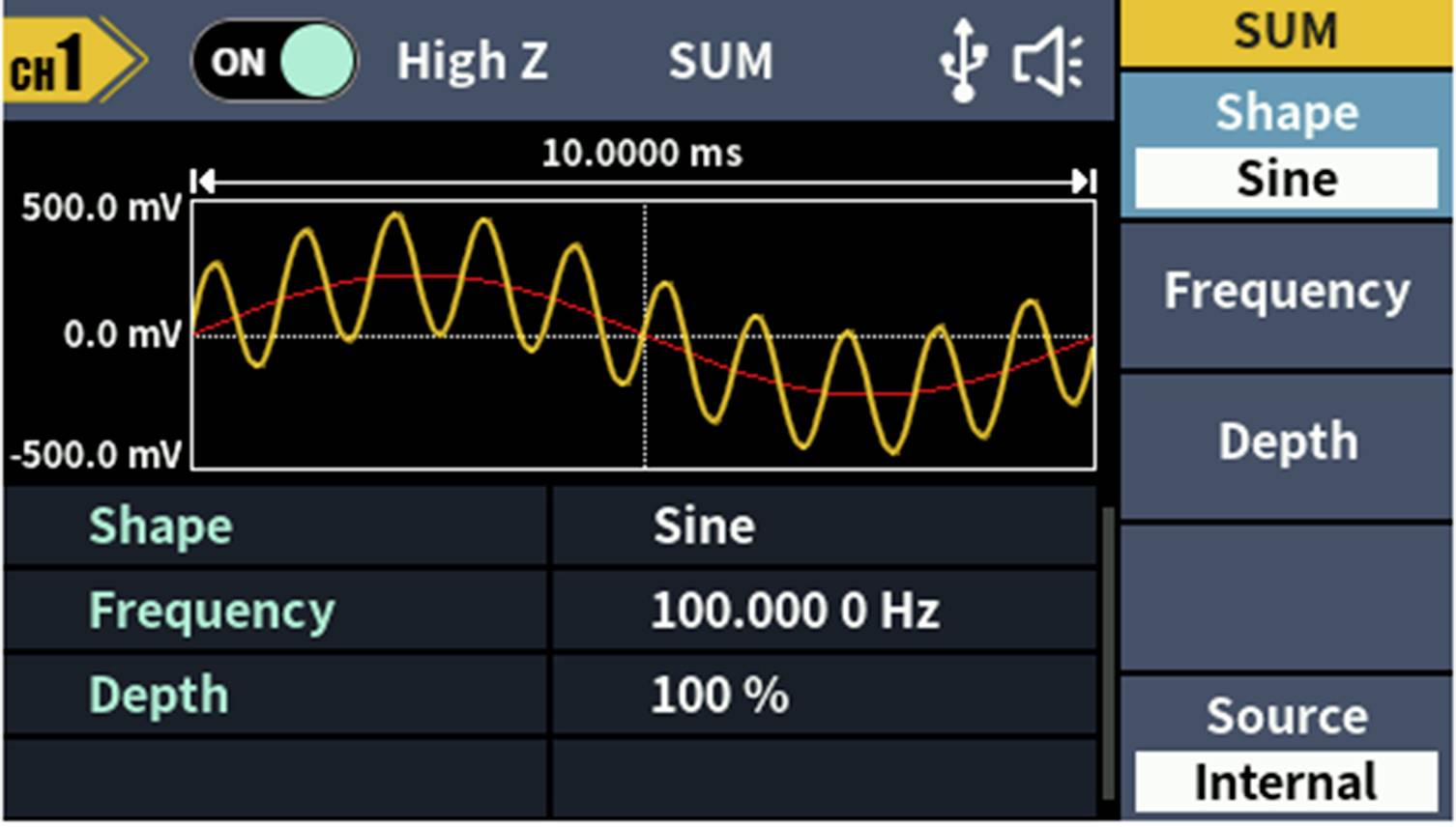 Oscilloscoop toont een sinusgolf bij 100 Hz. Gele lijn wijst op spanningsschommelingen. Instellingen: Vorm: Sinus, Frequentie: 100 Hz, Diepte: 100%.
