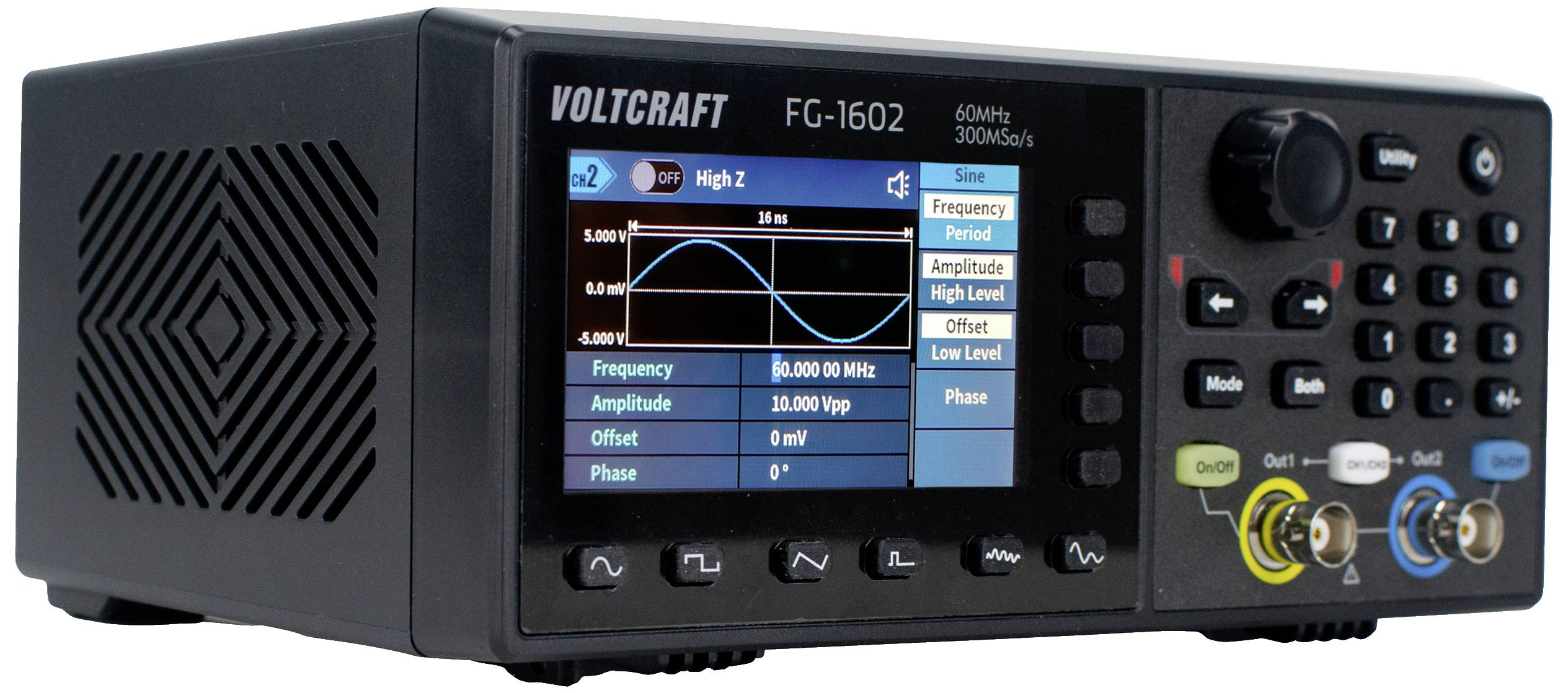 Frequentiegenerator met digitaal display, toont een sinusgolf met instellingen zoals frequentie, amplitude en fase.