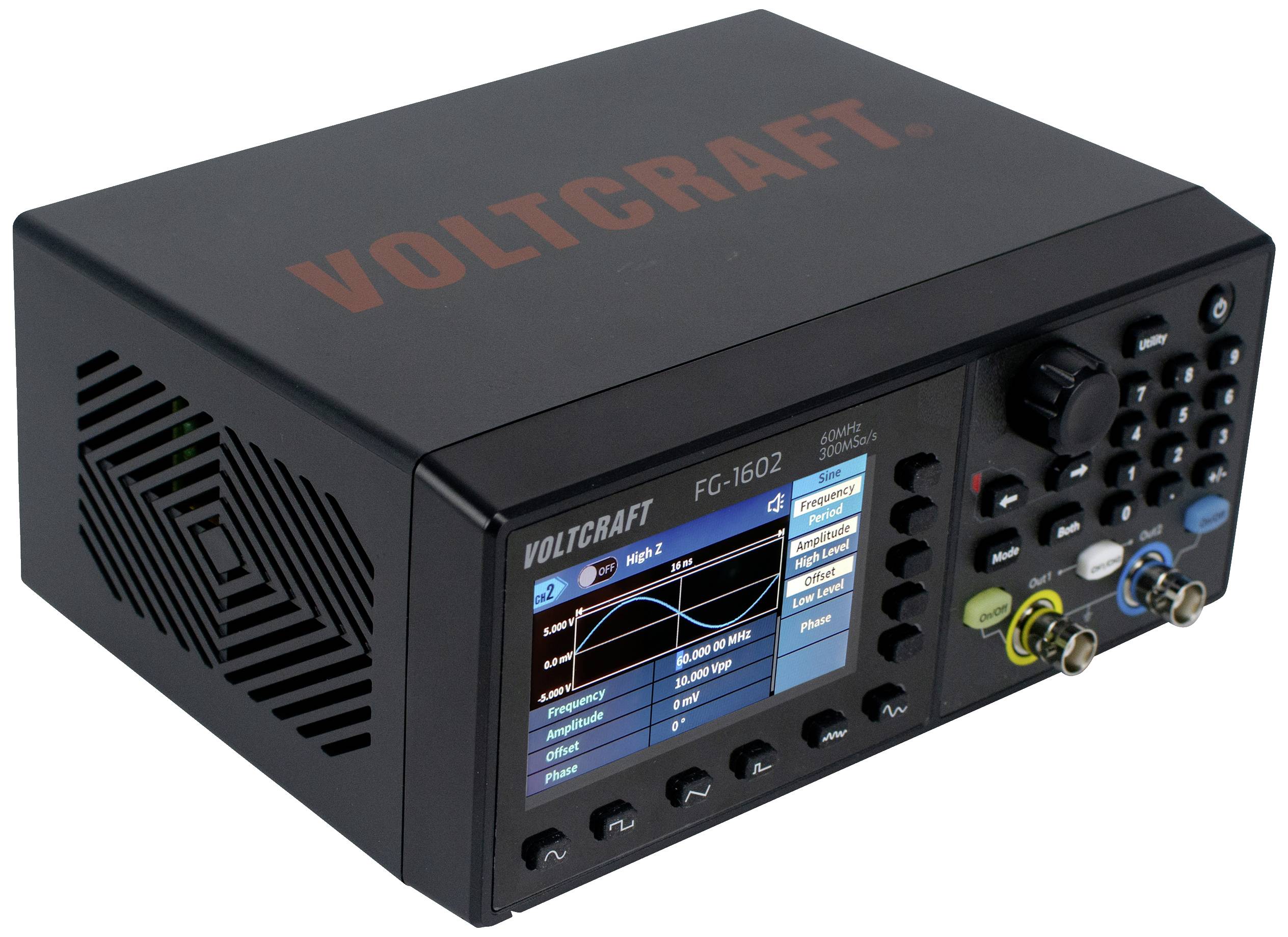 Een elektronisch meetapparaat van Voltcraft, model FG-1602. Het heeft een digitaal display, een tuimelschakelaar en bedieningsknoppen op de voorkant.