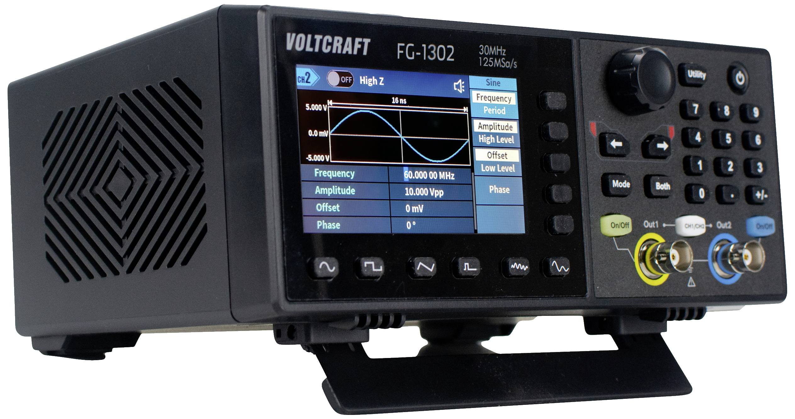 Een Voltcraft FG-1302 functiegenerator met kleurenscherm toont een golfvorm. Zijdelingse bedieningselementen en aansluitingen zijn zichtbaar.