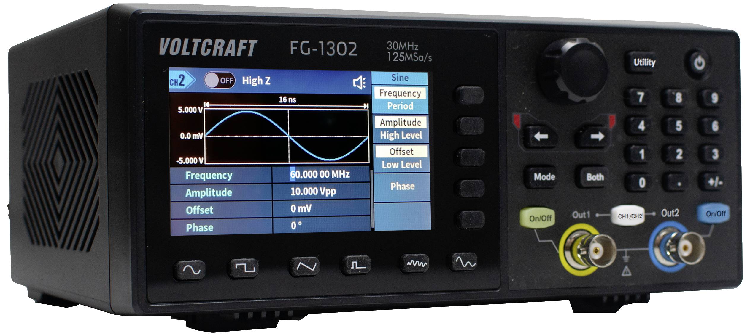 Een functiegenerator met een digitaal display toont een sinuscurve en instellingen zoals frequentie en amplitude.