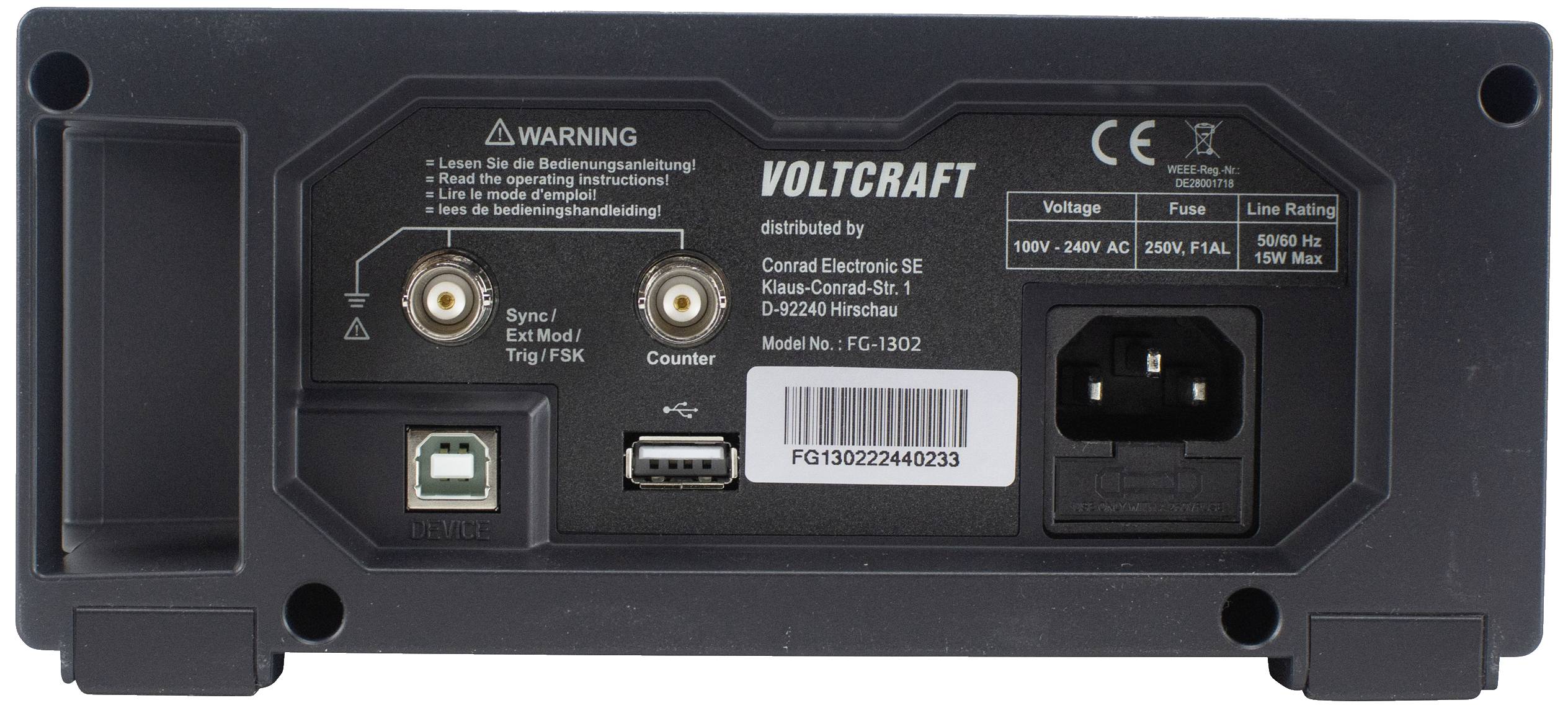 Achterkant van een Voltcraft-apparaat met aansluitbussen, netstroomaansluiting en waarschuwing voor de gebruiksaanwijzing. Model FG-1302.