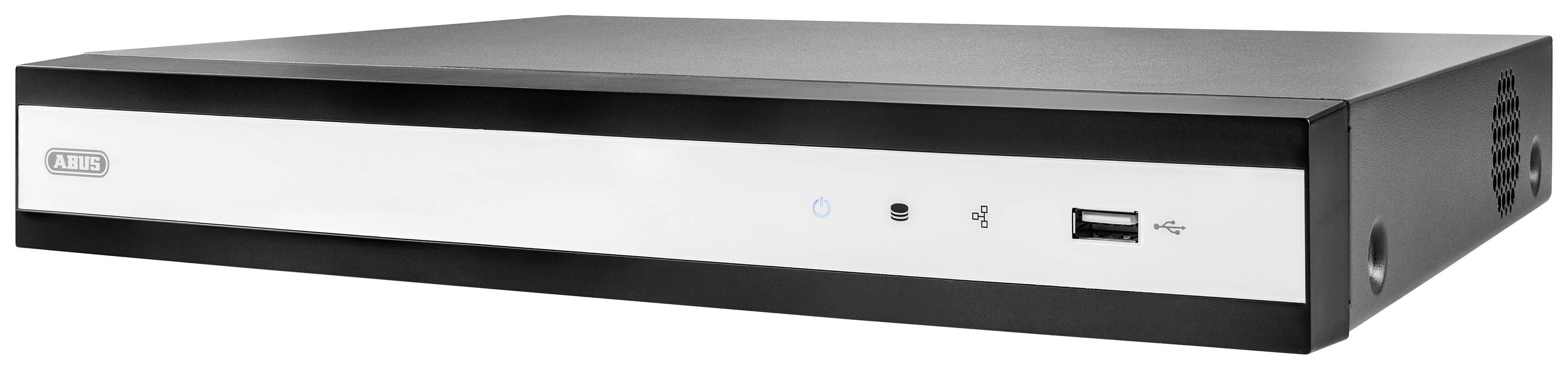 Een zwarte en witte elektronische videorecorder met USB-aansluiting en statusweergave aan de voorkant. Hij is rechthoekig en compact.