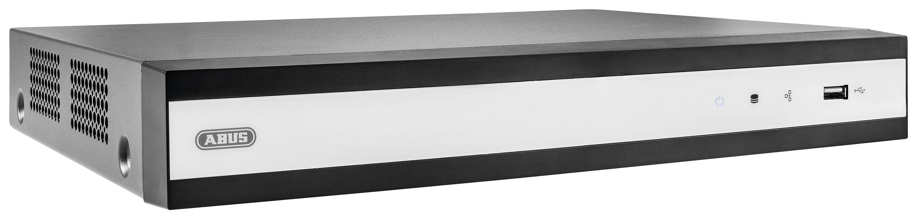 Een netwerk-videorecorder (NVR) van ABUS. Het apparaat heeft een compact, rechthoekig ontwerp met zwarte en witte elementen.