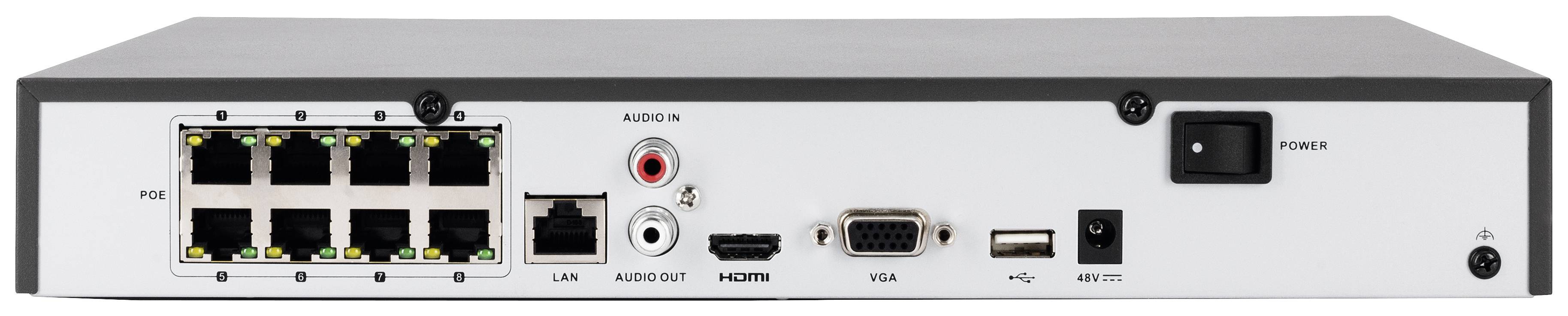 Achterkant van een apparaat met meerdere LAN-poorten, audio-, HDMI- en VGA-aansluitingen, evenals een netschakelaar, geschikt voor netwerkverbindingen.