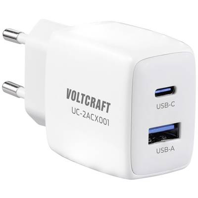 Wit voedingsadapter met twee USB-poorten: USB-C en USB-A. Markering 'VOLTCRAFT UC-2ACX001' op de behuizing.