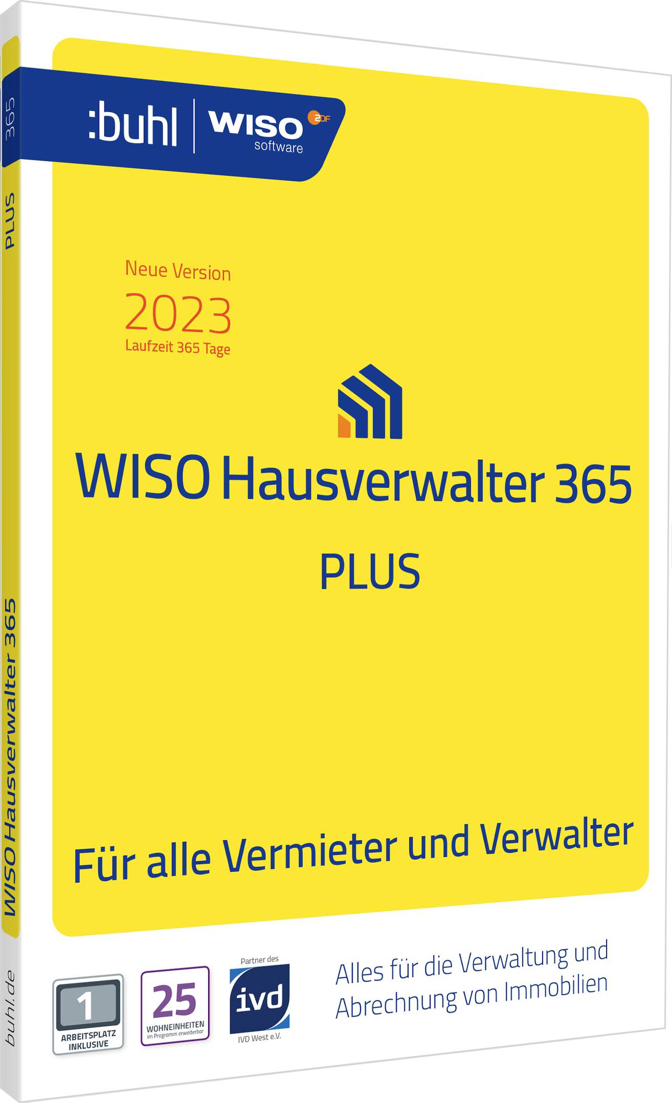 Verpakking van de software 'WISO Huisbeheerder 365 PLUS', nieuwe versie 2023, voor verhuurders en beheerders. Met IVD-logo.