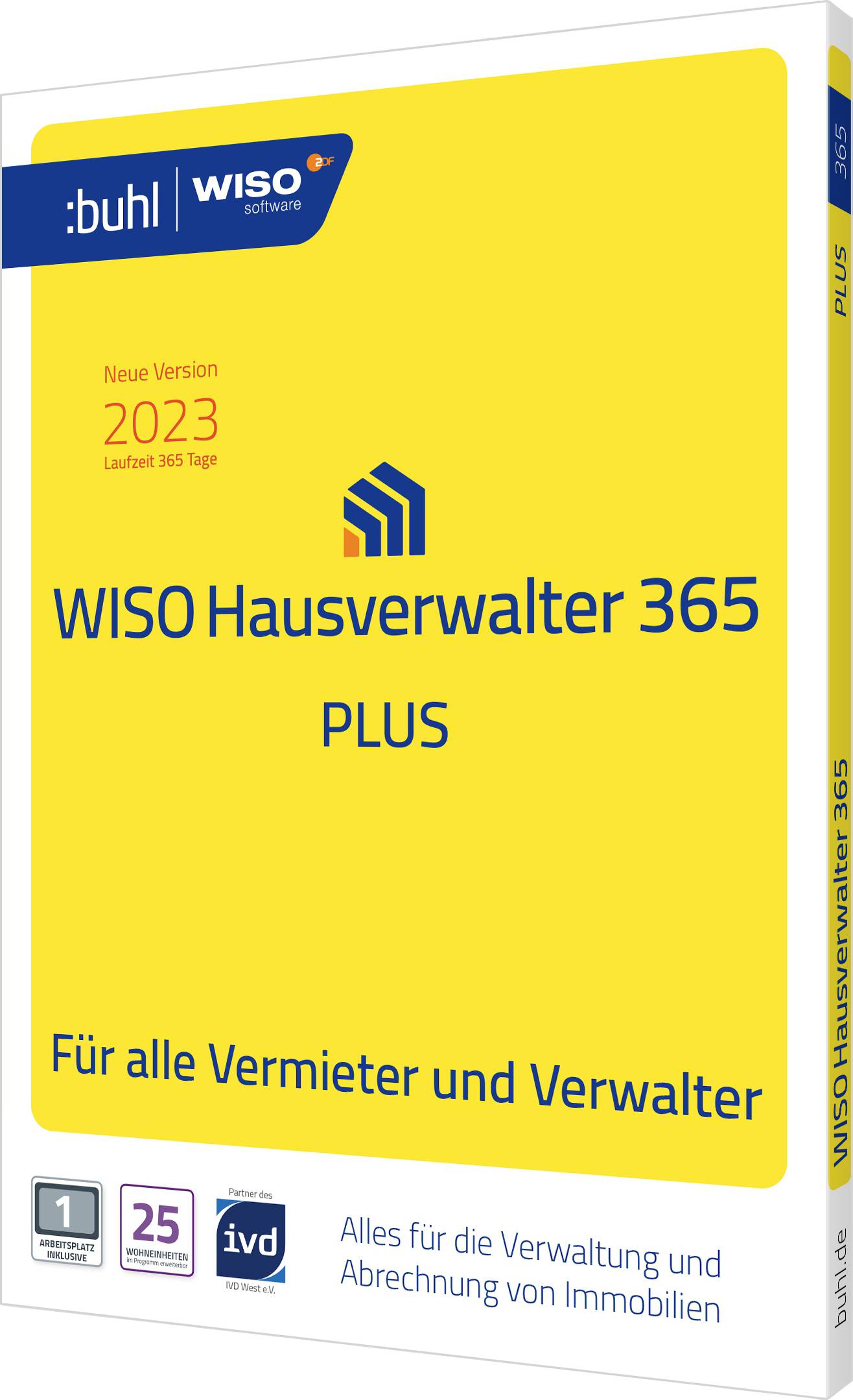 'WISO Huisbeheerder 365 PLUS' softwareverpakking. Geel ontwerp met blauwe tekst. Voor verhuurders en beheerders van onroerend goed.