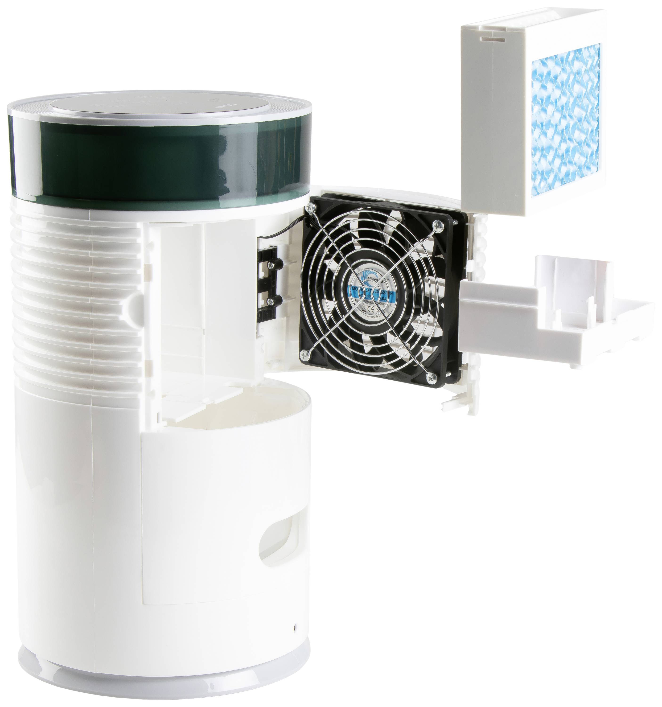 Een geopend luchtzuiveringsapparaat toont binnenin een ventilator en een uitneembaar filter met een geometrisch patroon.