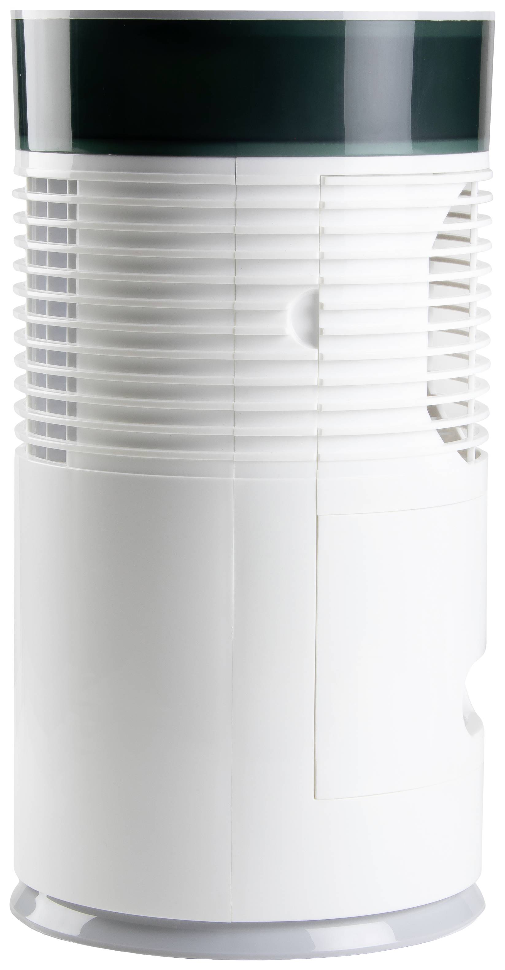 Een witte, cilindrische luchtreiniger met ventilatiesleuven en een groene deksel, geschikt voor het zuiveren van de binnenlucht in ruimtes.