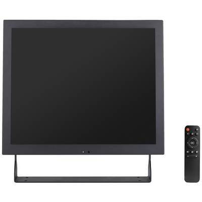 Een zwarte monitor met een zwart scherm staat op een standaard. Ernaast ligt een afstandsbediening met rode en grijze toetsen.
