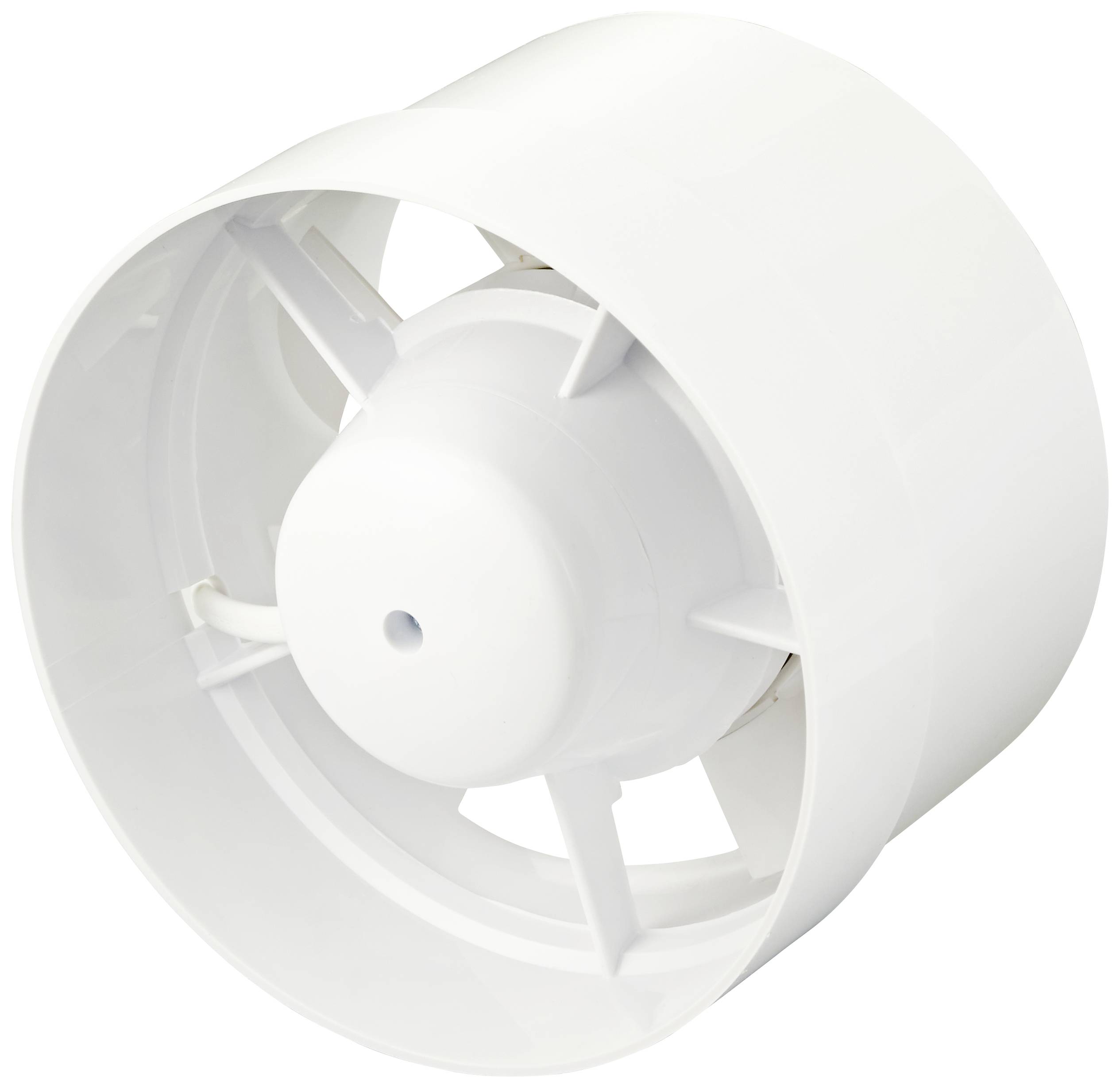 Witte, cilindrische buisventilator met luchtroosters, geschikt voor ventilatiesystemen in woon- of bedrijfsruimtes.