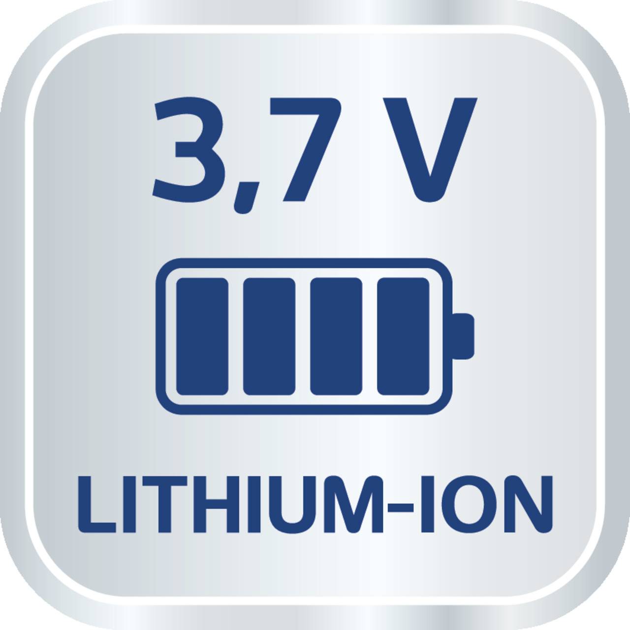 '3,7 V Lithium-Ion' staat boven een gestileerde batterij die volledig is opgeladen.