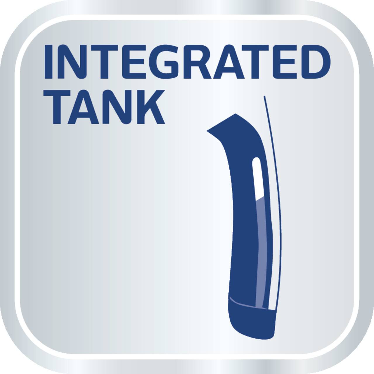 'Geïntegreerde Tank' met een gestileerde grafiek van een slanke, gebogen tank op een zilveren achtergrond.