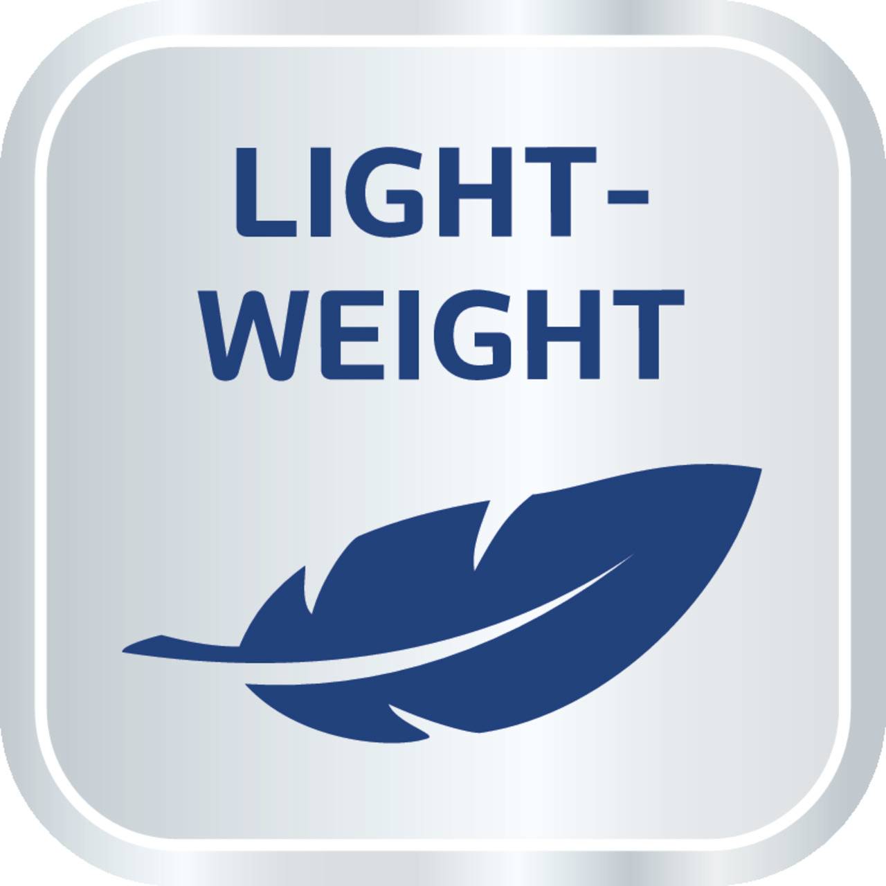 'Licht' geschreven boven een gestileerd veer-symbool op een zilveren achtergrond, symboliseert gering gewicht.