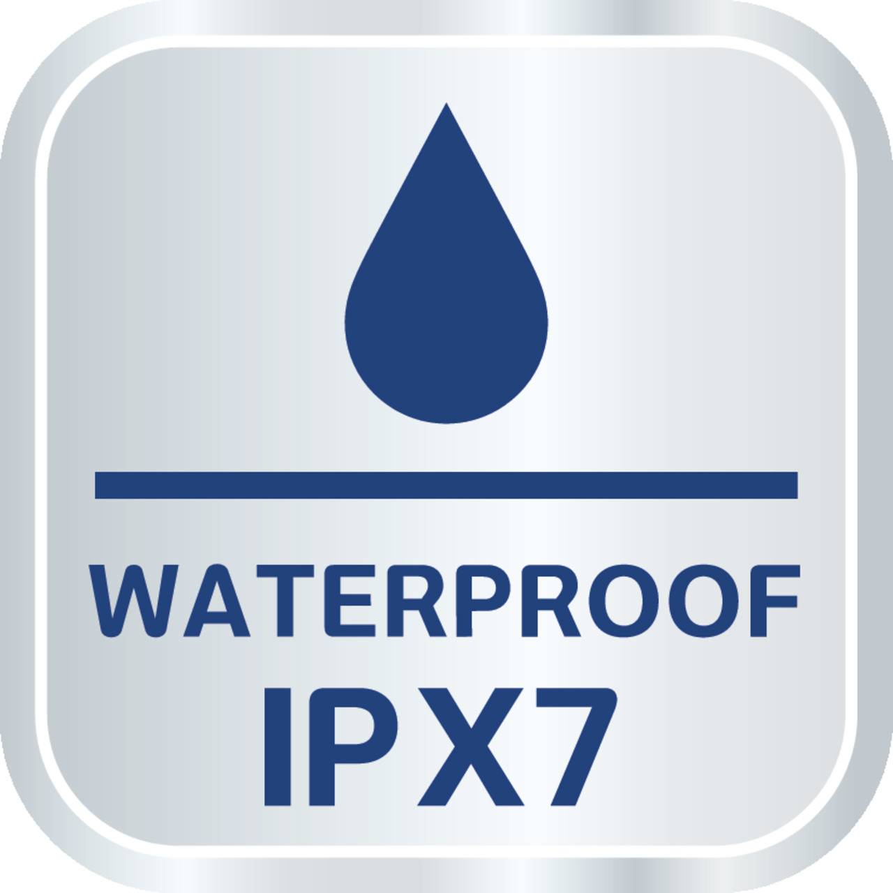 Waterdicht-symbool met een waterdruppel en de tekst 'WATERPROOF IPX7', geeft aan dat het product waterdicht is tot op een bepaald niveau.