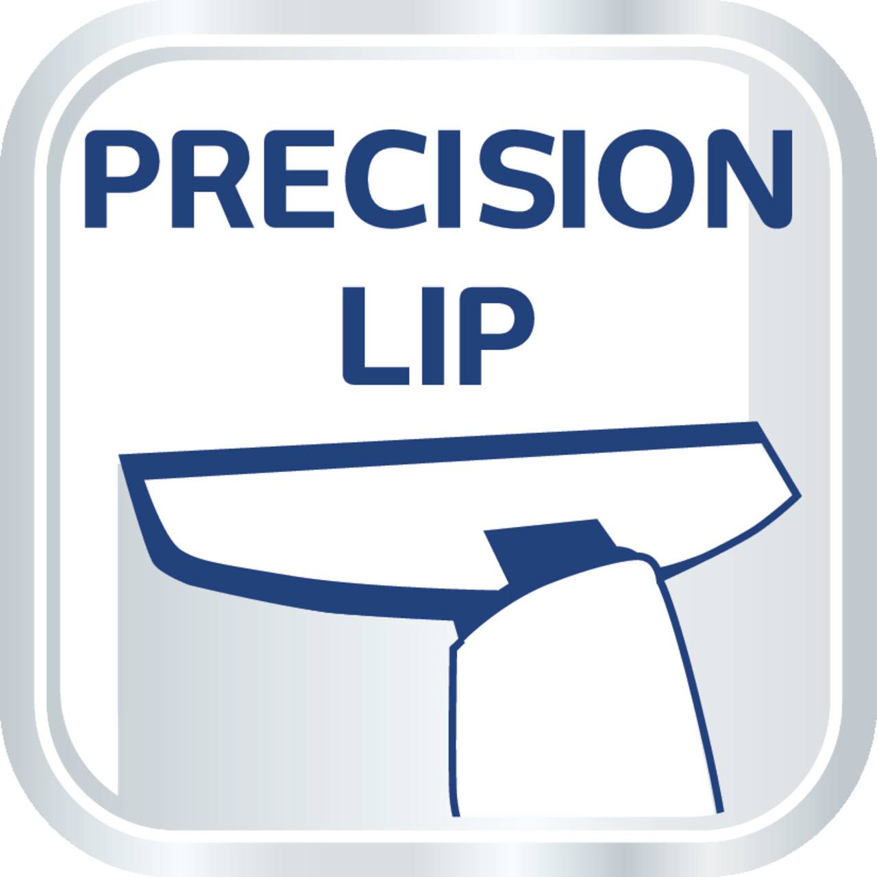 Een gestileerd beeld van een precisiewerktool met het opschrift 'PRECISION LIP'.