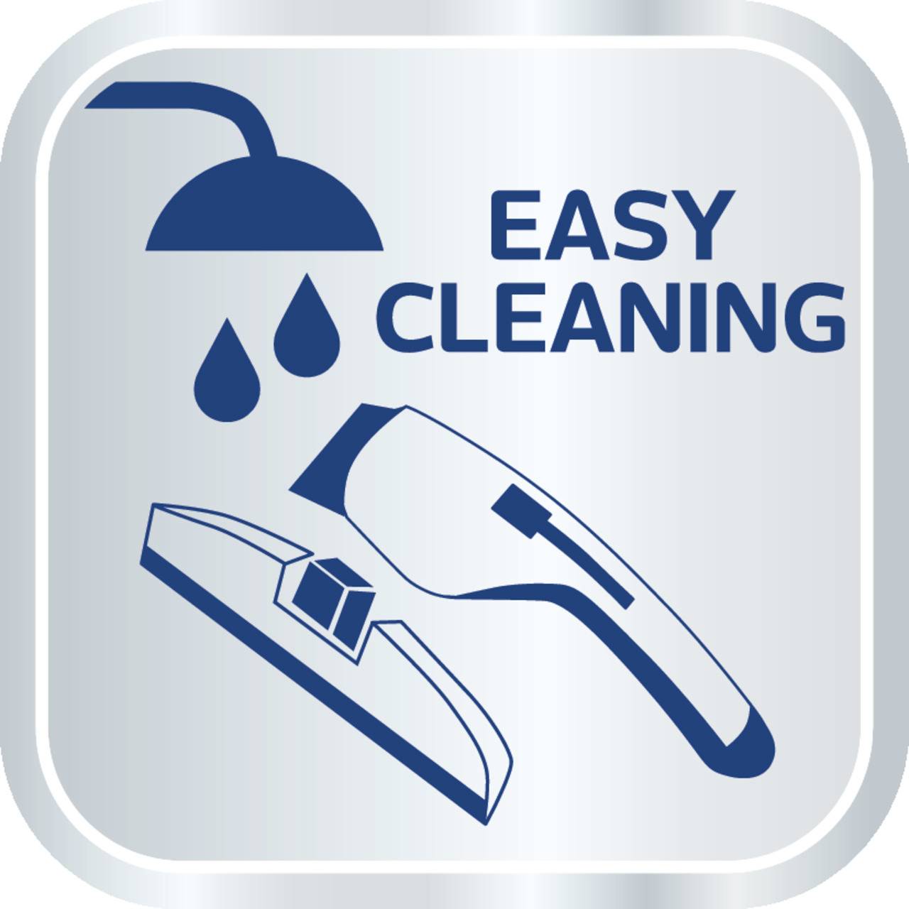 Symbool voor 'Eenvoudige Reiniging': Douchekop met waterdruppels en reinigingsgereedschap, tekst 'EASY CLEANING'.