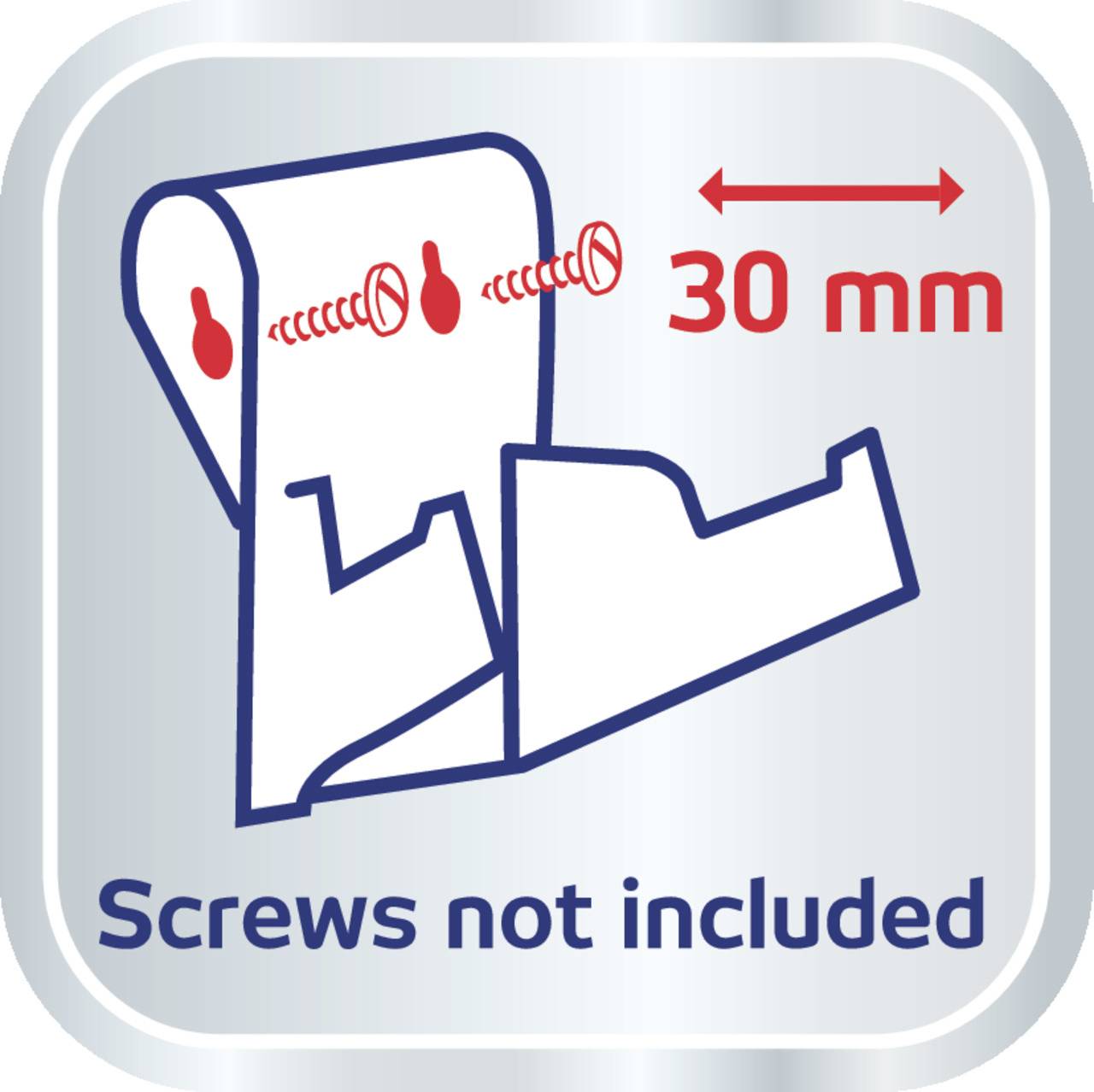 Tekening van een houder met twee schroefposities en een pijl met '30 mm'. Tekst onderaan: 'Schroeven niet inbegrepen'.