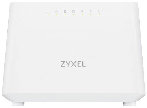 Een witte ZYXEL-router met meerdere groene controlelampjes aan de voorkant geeft de bedrijfsstatus aan.