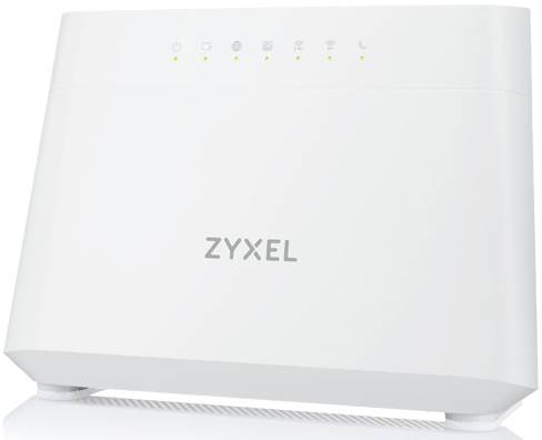 Een witte WLAN-router van het merk Zyxel met vijf indicatielampjes bovenaan voor stroom, internet en andere verbindingen.