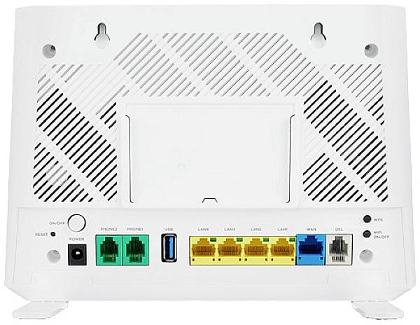 Achterkant van een router met verschillende aansluitingen: stroomaansluiting, USB, twee telefoonaansluitingen, vier LAN-poorten, WAN en DSL.