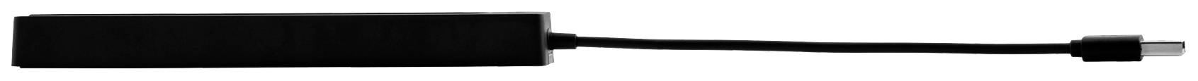 Een zwarte USB-kabeladapter met een rechthoekige behuizing en een korte kabel, geschikt voor elektronische apparaten.