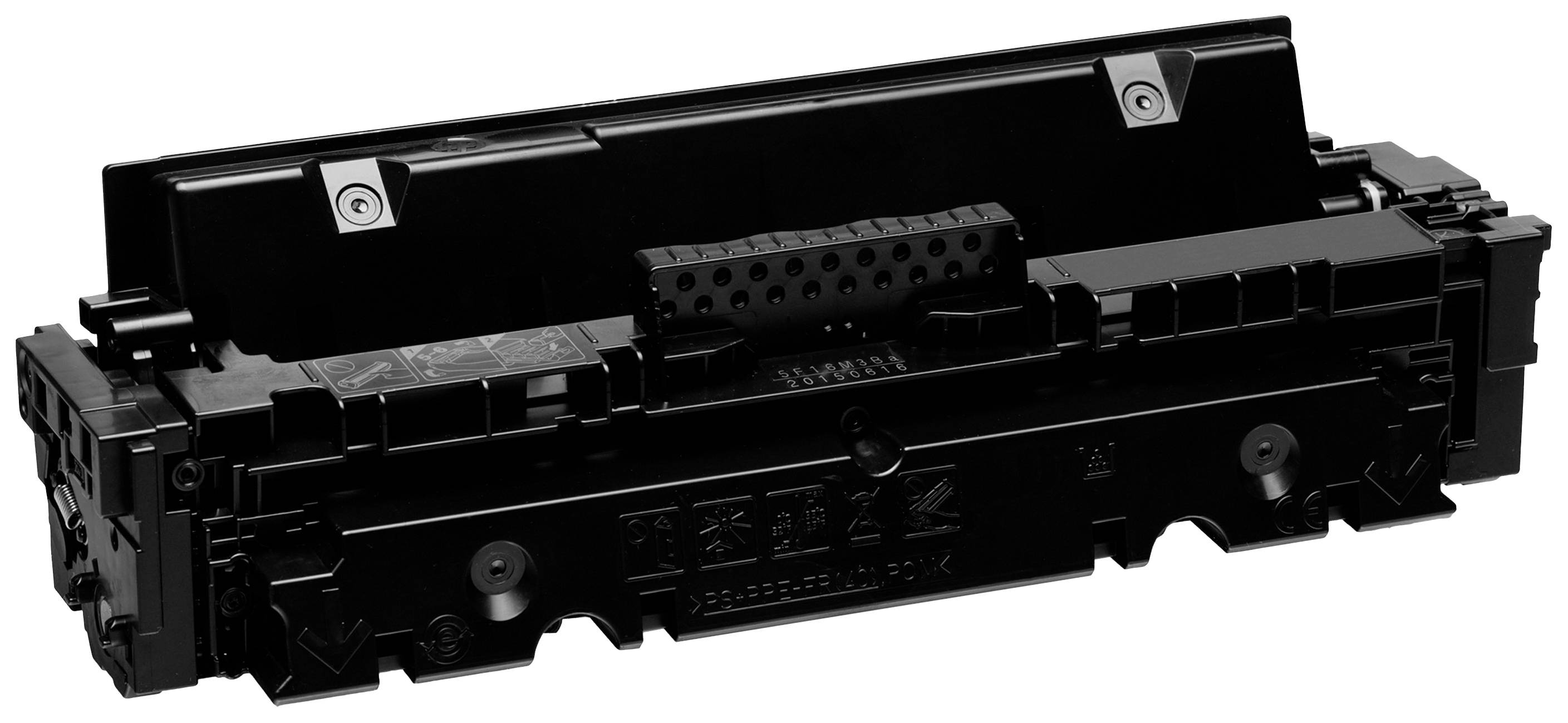 Een zwarte toner voor een laserprinter, rechthoekig en compact, wordt van dichtbij getoond.