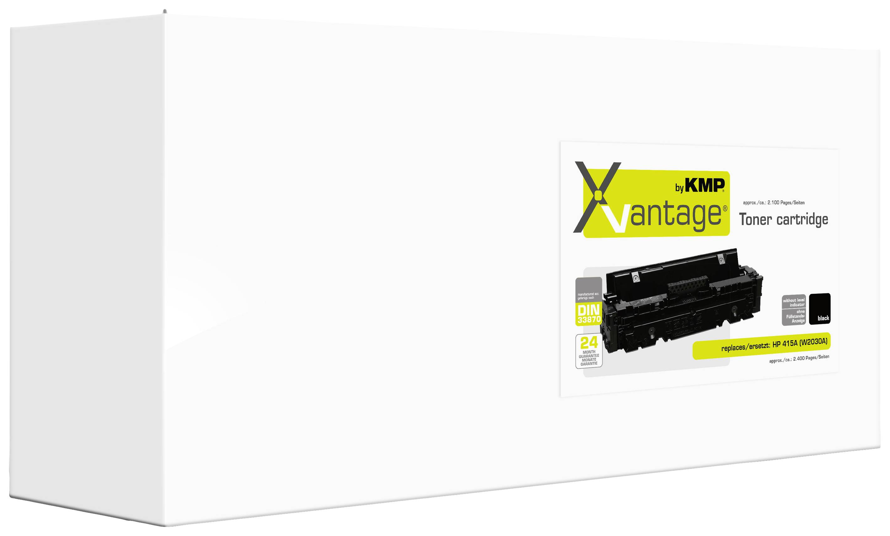 Witte verpakking van een 'KMP Vantage Tonercartridge' met afbeelding van de cartridge en compatibiliteitsdetails.