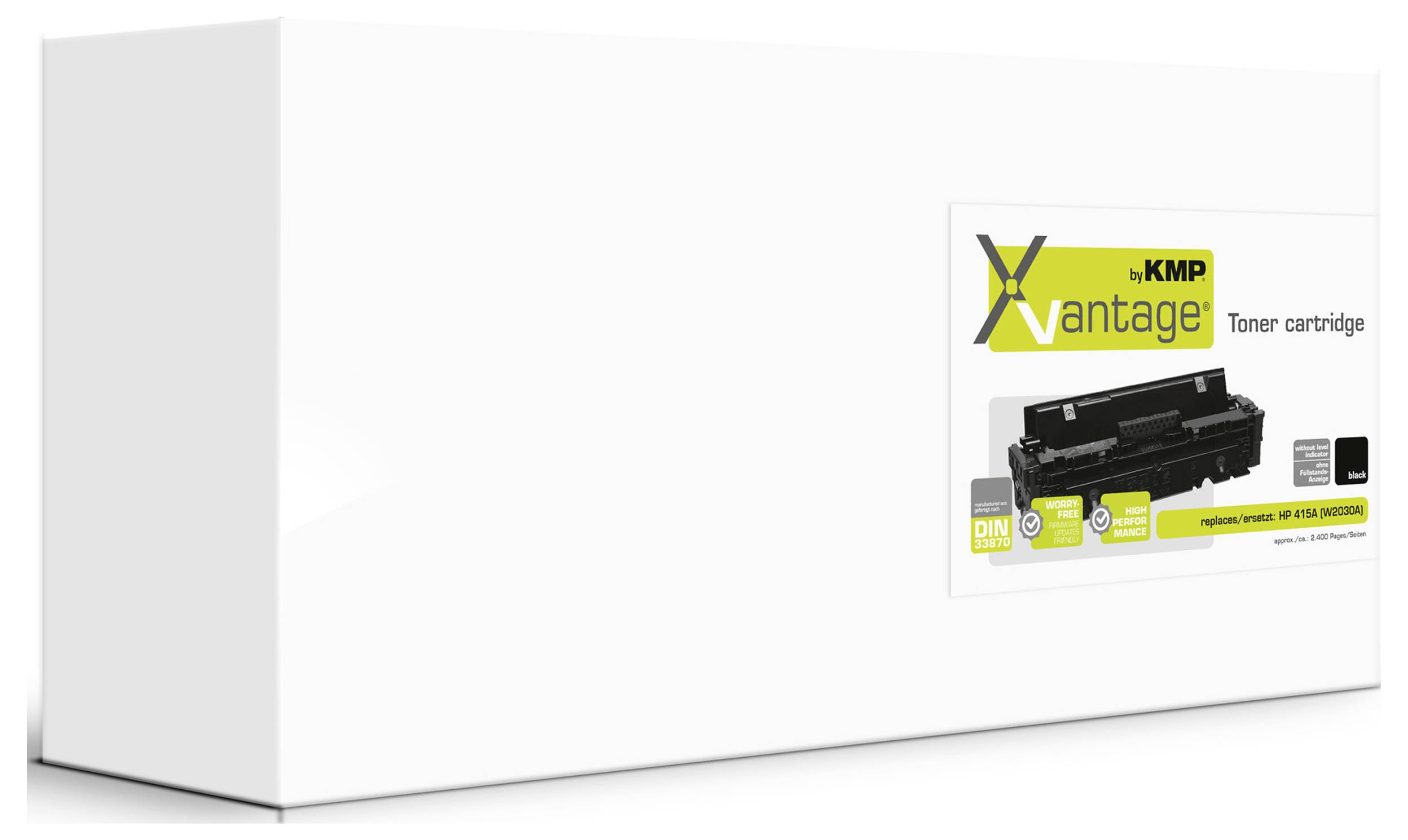 Witte doos van een KMP Vantage tonercartridge weergegeven in perspectief, met productlabel aan de rechterkant.