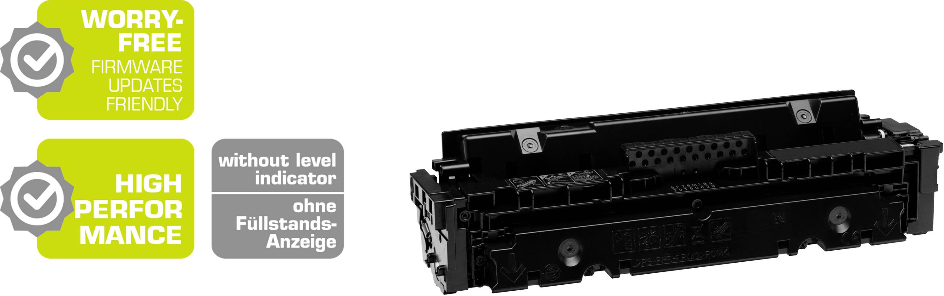 Tonerinktcartridge met 'Zorgeloos' en 'Hoge Prestatie'-eigenschappen. Zonder vulstandindicator, compatibel met firmware-updates.