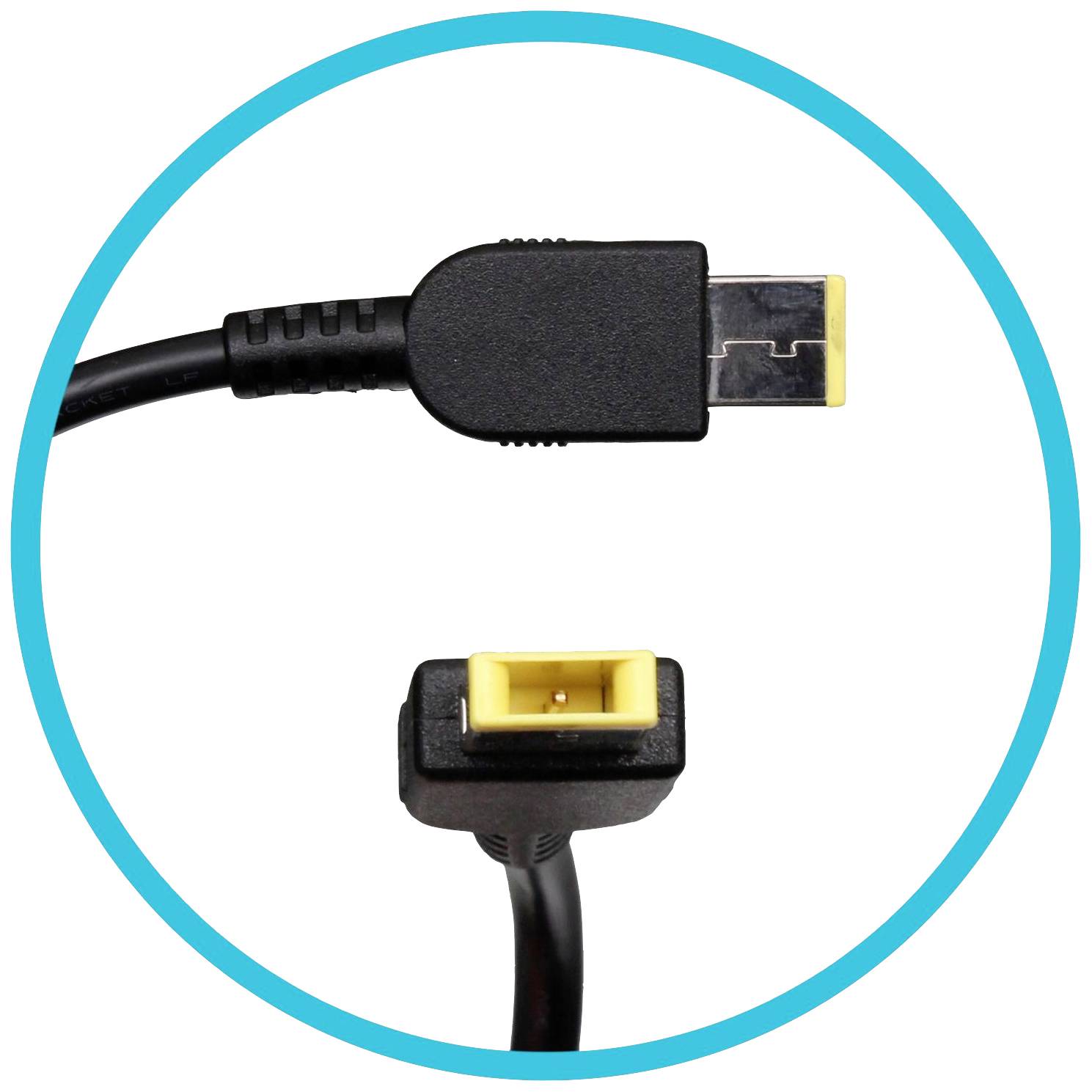 Een zwarte kabel met een gele vierkante aansluiting en een rechthoekige aansluiting op een witte achtergrond.