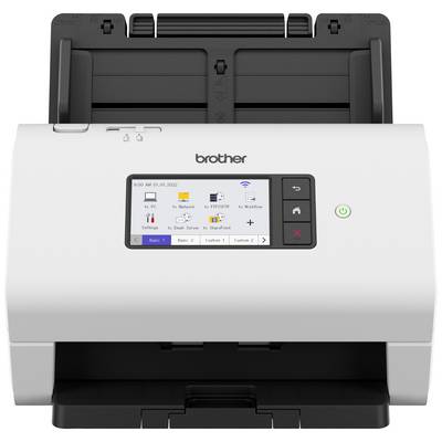 Een witte Brother-scanner met een digitaal display dat de tijd en datum toont. Er zijn verschillende bedieningsknoppen.