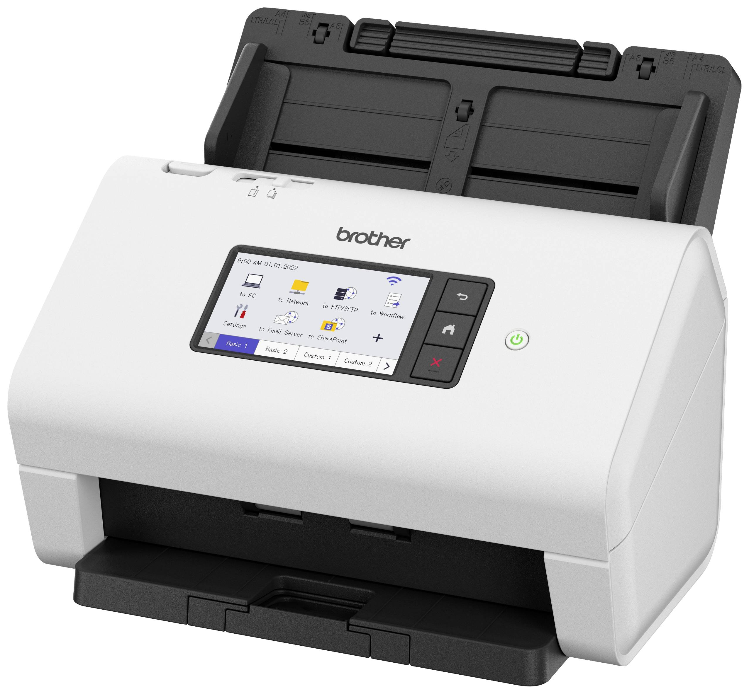 Een witte Brother-documentscanner met kleurenscherm en bedieningsknoppen. De scanner is klaar voor gebruik op kantoor.