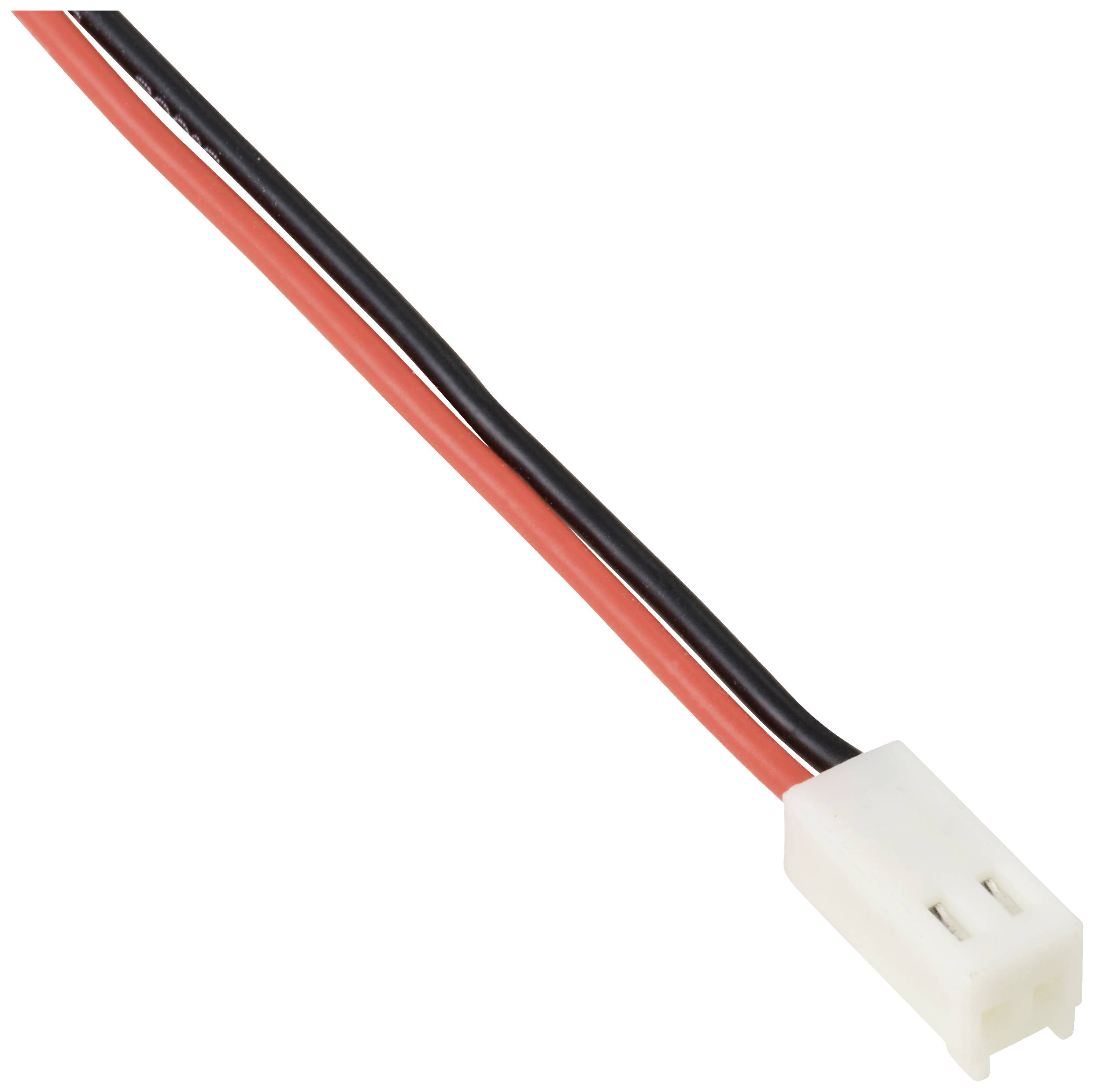 Een witte tweepolige stekker met een rood en een zwart kabeluiteinde.