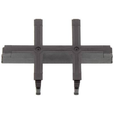 Zwart plastic onderdeel in de vorm van een kruis, waarschijnlijk een verbindingsstuk of component, met drie haken aan de onderkant.