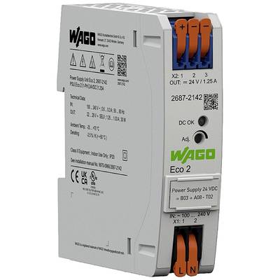 Voedingsmodule 'WAGO Eco 2', 24V DC, met instelbare stroomsterkte, ingang 100-240V AC. Behuizing in grijstinten met merkenlogo.