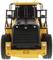 Een geel bulldozer-model van voren, met opvallende zwarte banden en een robuuste radiatorgrille.