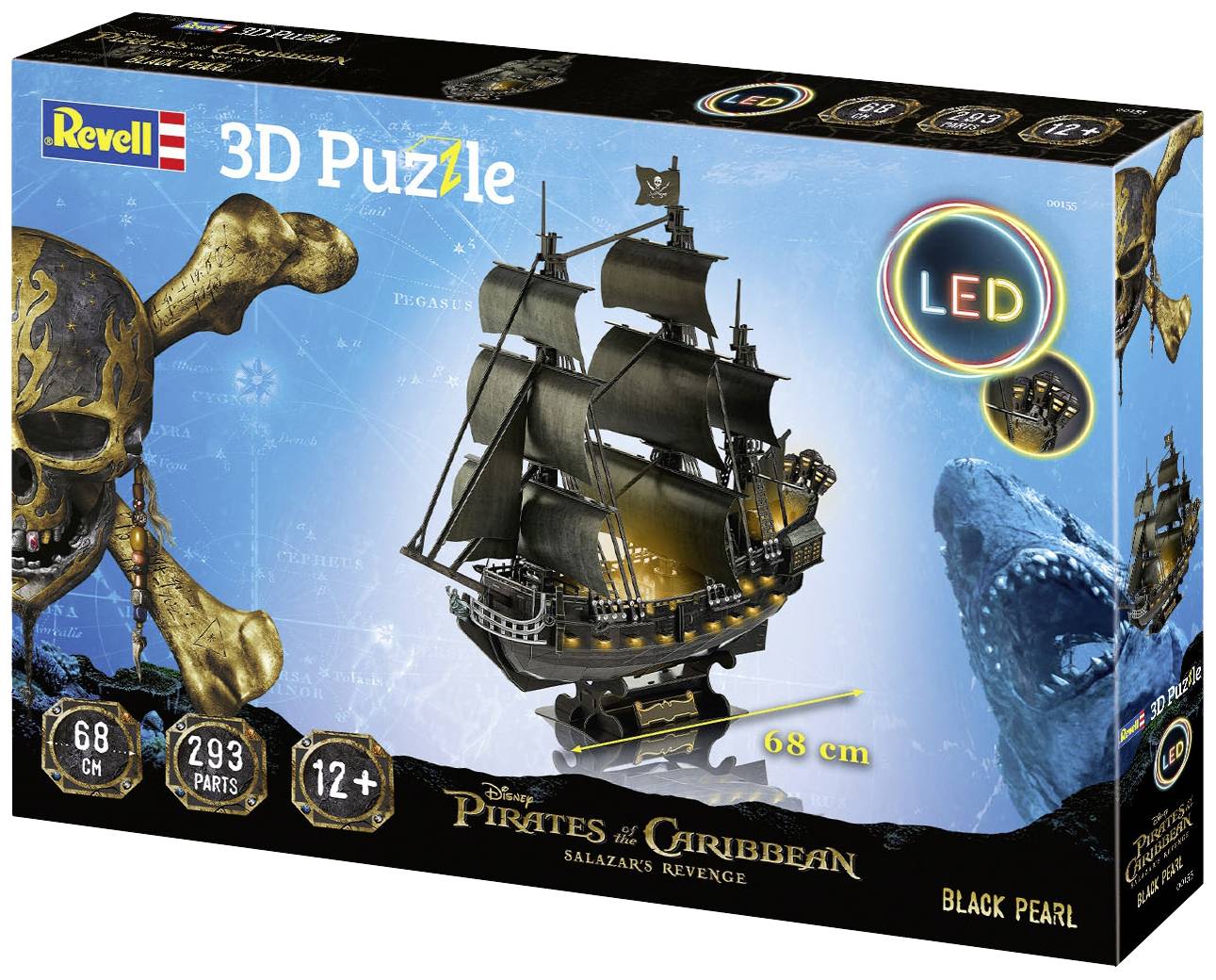 Verpakking van een 3D-puzzel van de 'Black Pearl' uit 'Pirates of the Caribbean' met 293 onderdelen, 68 cm lengte, geschikt vanaf 12 jaar, met LED-functie.