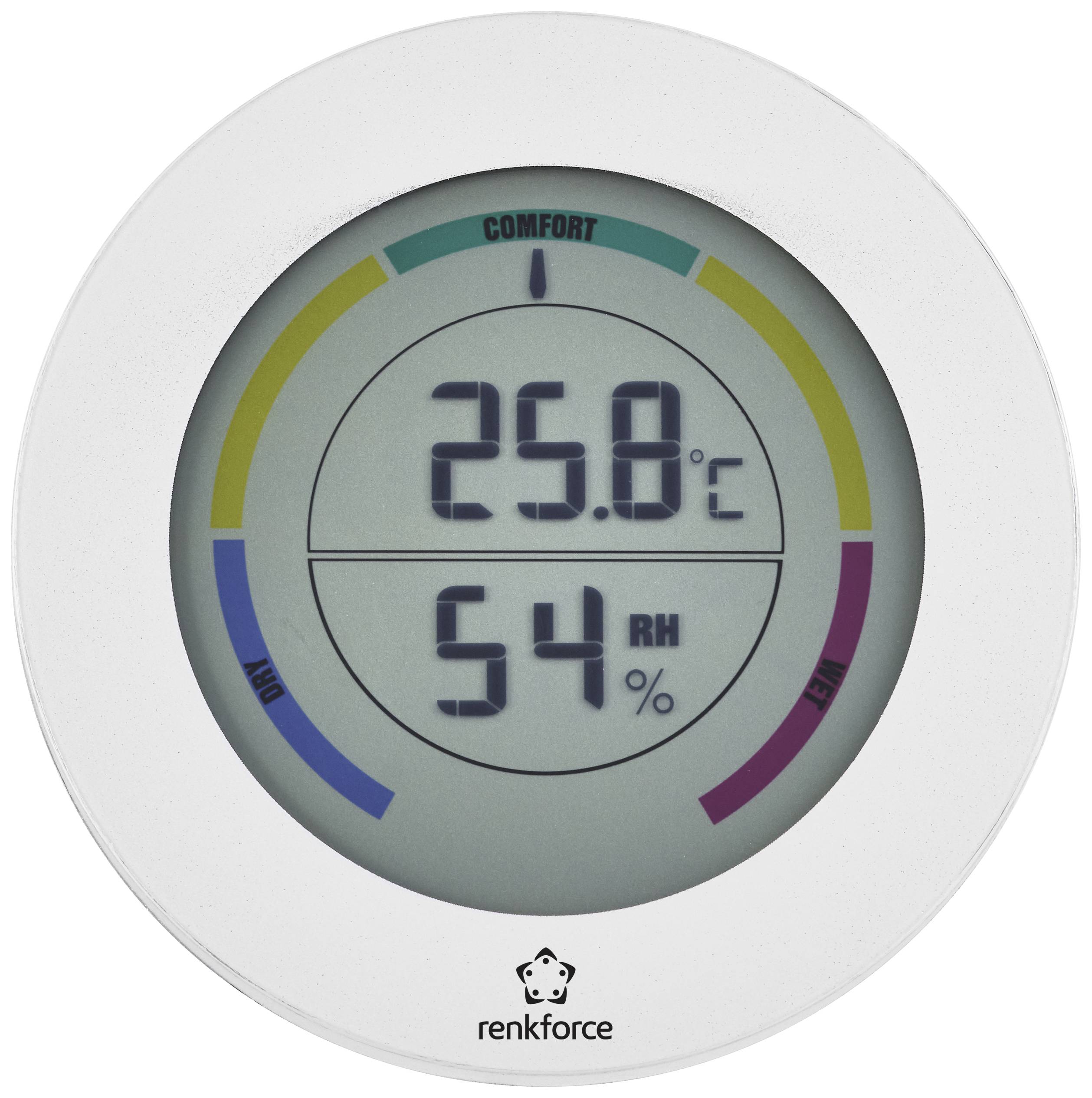 Een rond digitaal thermo-hygrometer toont 25,8 graden Celsius en 54% relatieve luchtvochtigheid, omgeven door comfortzonemarkeringen.