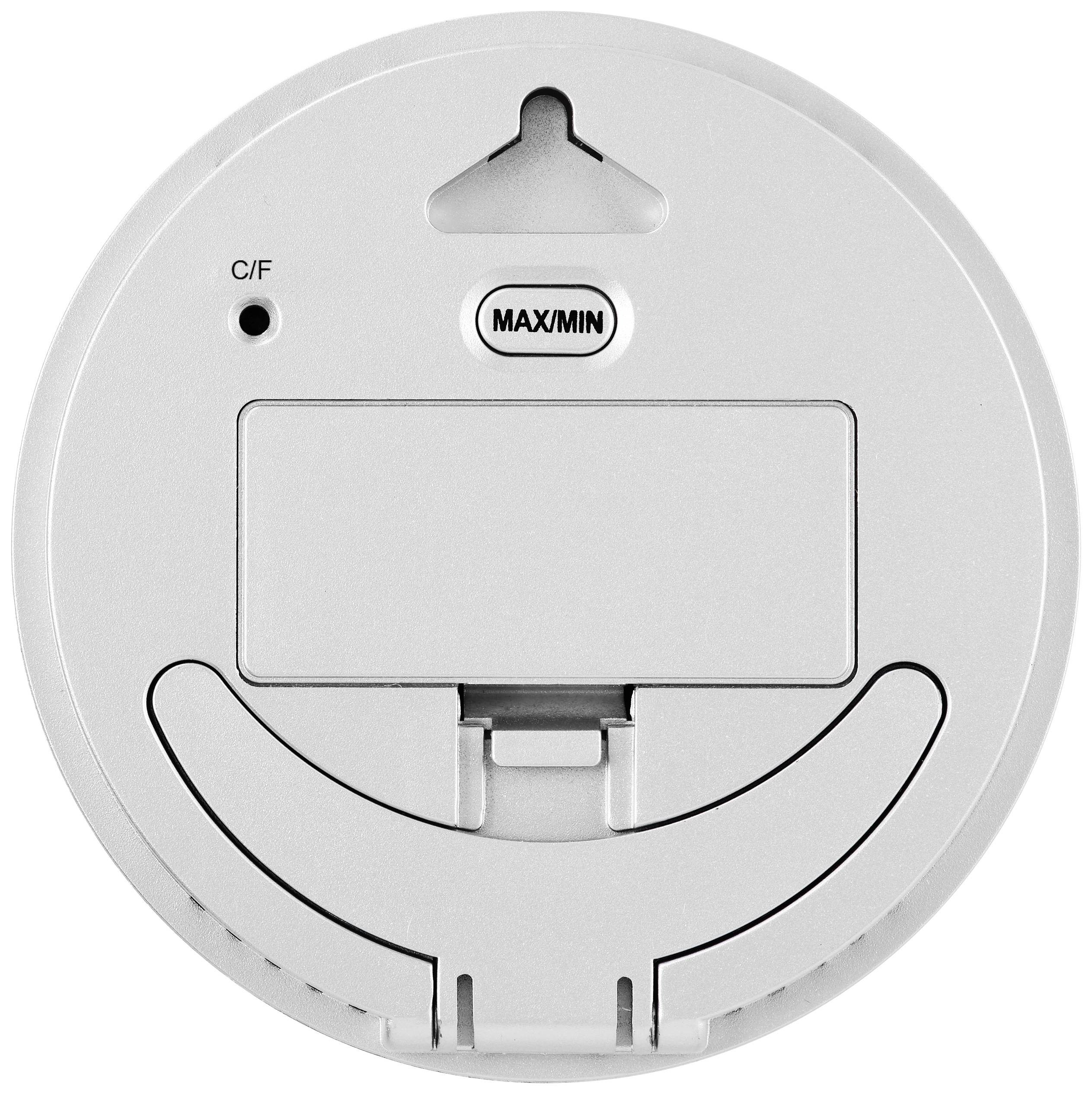 Achteraanzicht van een rond elektronisch apparaat met een 'MAX/MIN'-knop en een schakelaar voor Celsius/Fahrenheit.