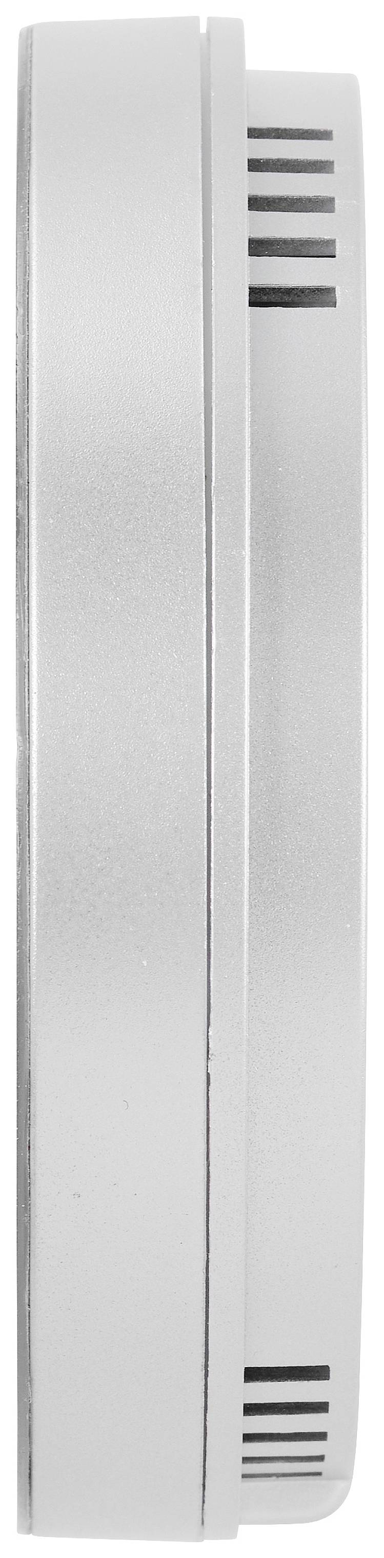 Een zilvergrijze, ronde rookmelder met ventilatiesleuven die de functionaliteit in een veiligheidscontext weergeeft.