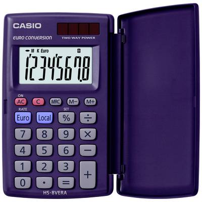 Rekenmachine met euro-omrekeningsfunctie, merk Casio. Toont het getal '12345678'. Behuizing in paarse kleur, open ontwerp.
