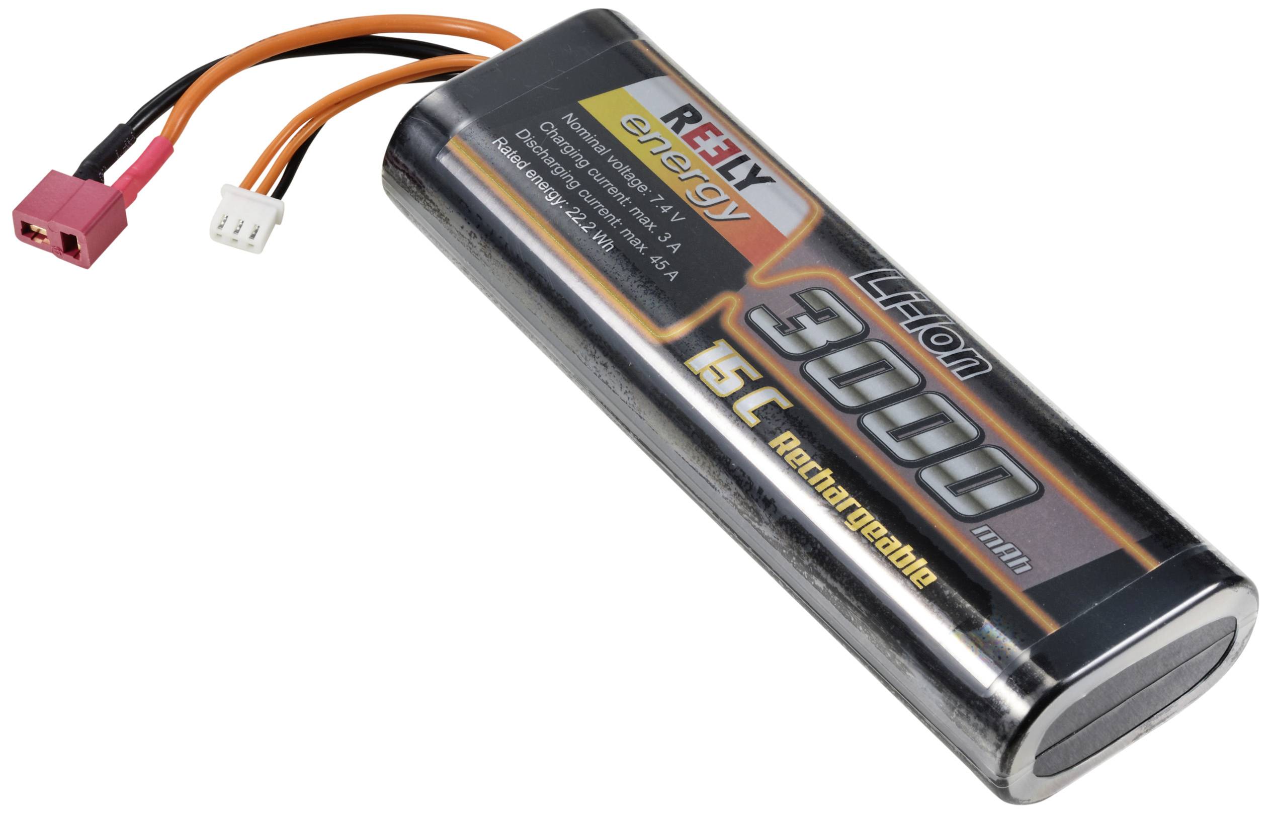 Lithium-ion accu met opschrift 'Reely Energy', 3000 mAh, 15C, oplaadbaar. Twee aansluitingen, zwart-oranje kabel.