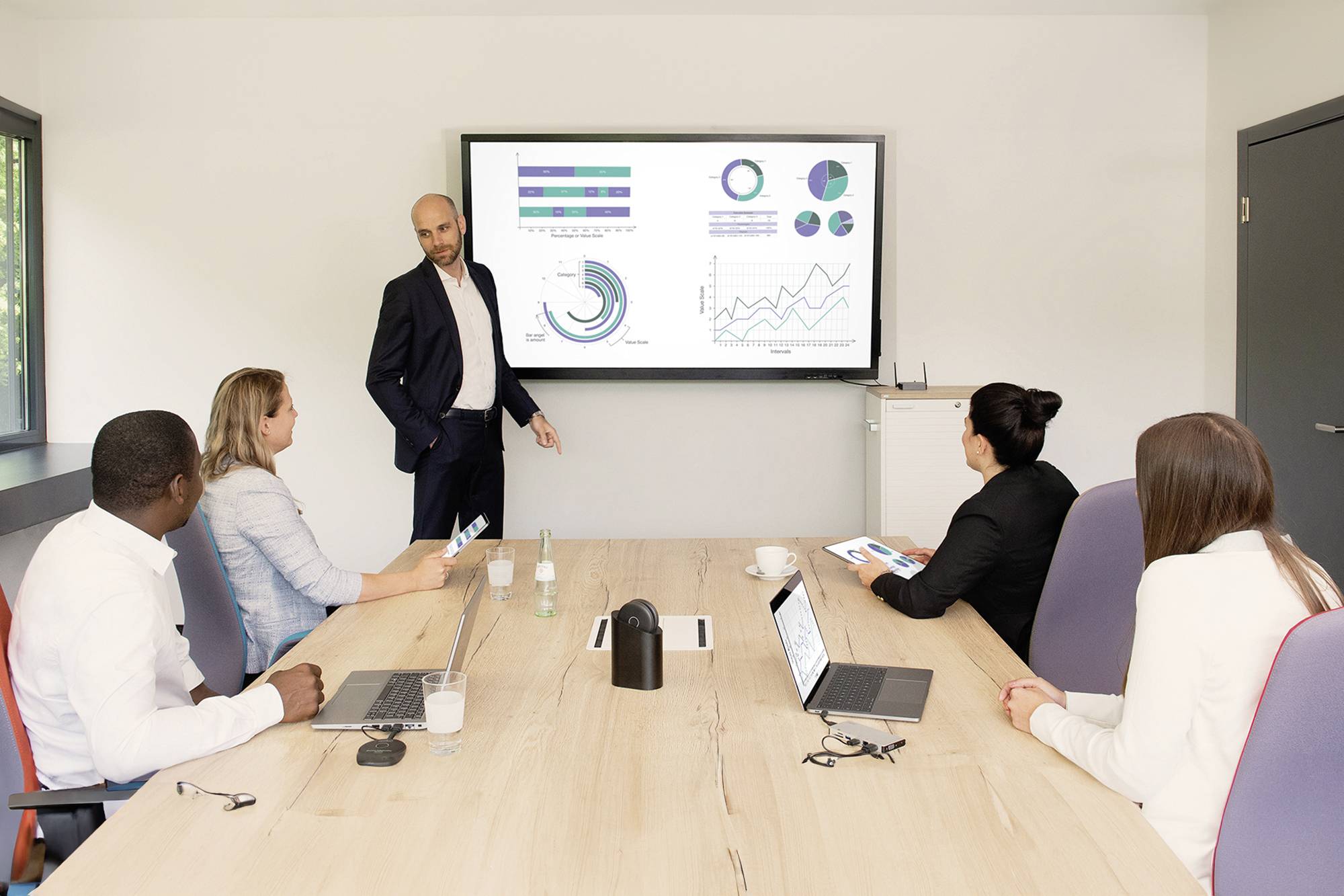 Een man geeft een presentatie in een vergaderzaal. Op het scherm zijn verschillende diagrammen en grafieken te zien. Vier personen luisteren aandachtig.