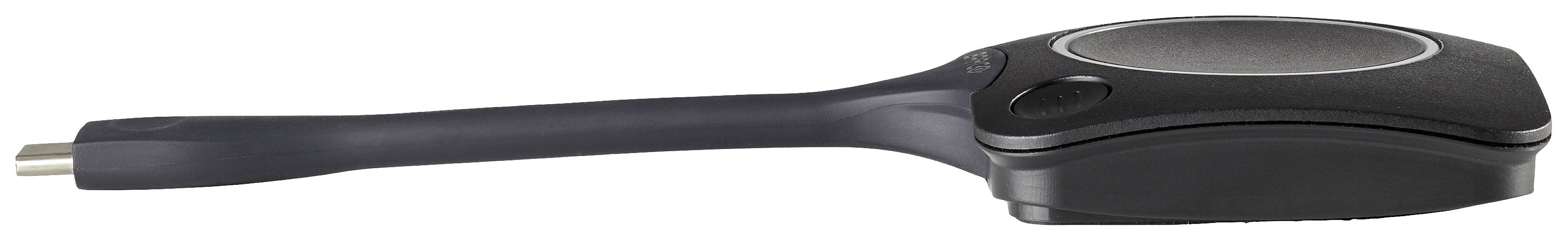 Zwart, ovaal conferentieapparaat met USB-aansluiting voor draadloze presentaties.