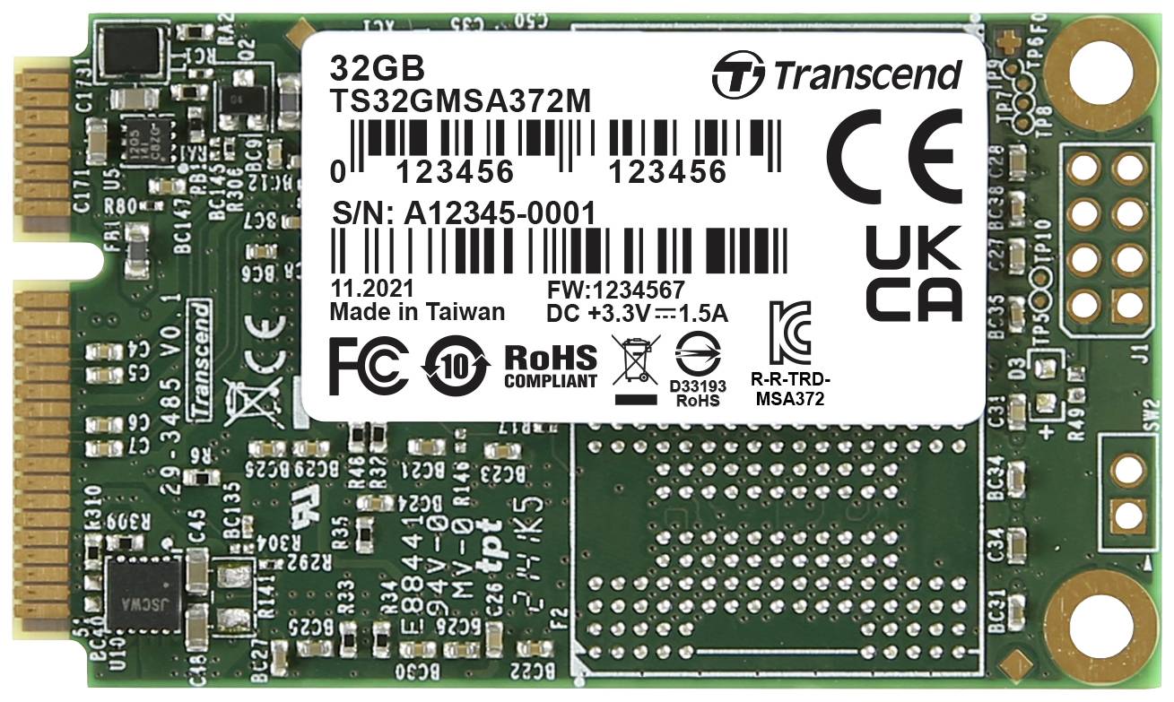 Een groene SSD-kaart met Transcend-logo, voorzien van modelspecificatie '32GB TS32GMSA372M', serienummer '123456', geproduceerd in Taiwan.