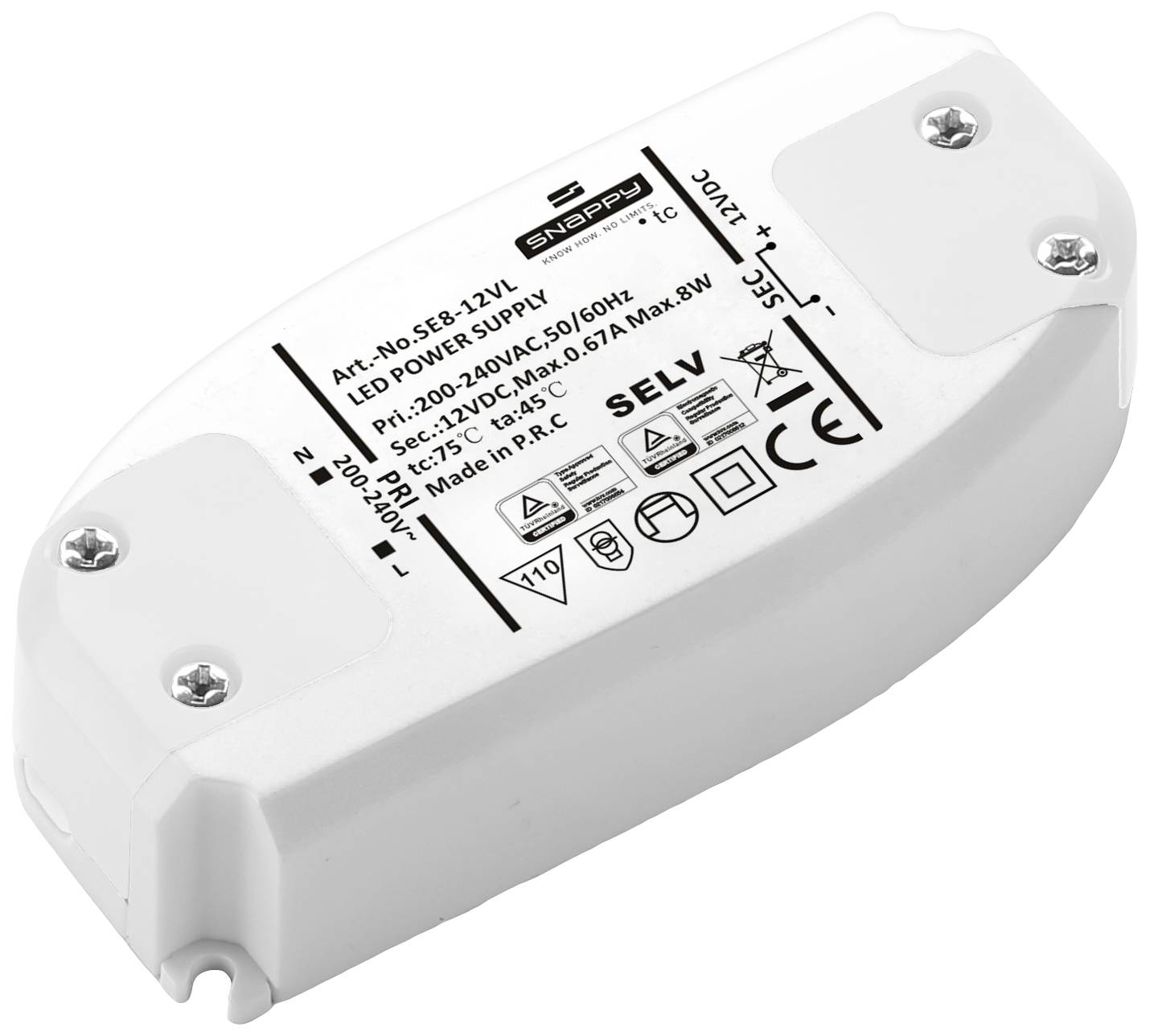 Een wit LED-voedingsapparaat met opdruk dat technische specificaties en certificeringen weergeeft. Bevat spanning, stroomsterkte en beschermingsklasse.