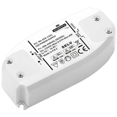 Een wit LED-voedingsapparaat met opdruk dat technische specificaties en certificeringen weergeeft. Bevat spanning, stroomsterkte en beschermingsklasse.